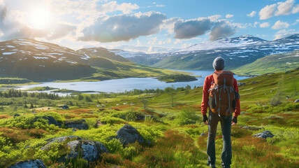 Obraz premium Hiker with backpack admiring a scenic mountain lake view