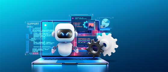 An engaging image of a robot AI assistant offering support, depicted with floating gears and a high-tech laptop interface. Bot with digital tablet near gears and messages. Vector illustration - obrazy, fototapety, plakaty