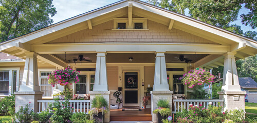 A quaint Craftsman cottage with a covered front porch that is furnished with vintage-inspired décor and hanging flower baskets - obrazy, fototapety, plakaty