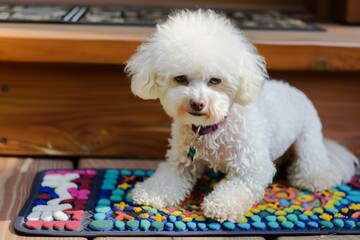 bichon frise with colorful porch floor mat - obrazy, fototapety, plakaty