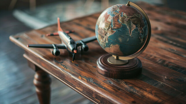 Desk with Globe and Airplane Model Symbolizing Global Learning and Travel