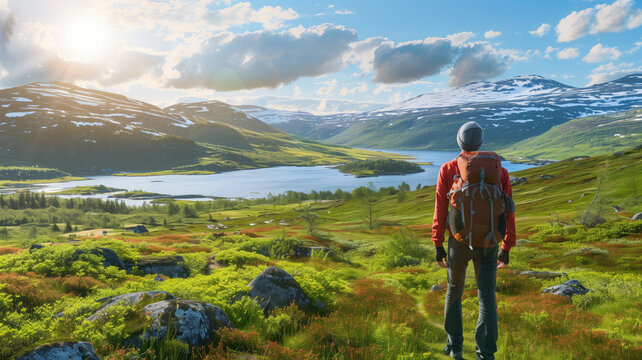 Hiker with backpack admiring a scenic mountain lake view
