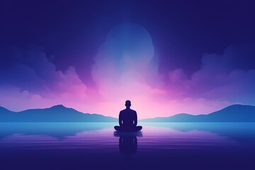 A person meditating in front of a gradient background that blends from deep midnight blue to serene lavender. Their posture radiates tranquility amidst the shifting colors. - obrazy, fototapety, plakaty