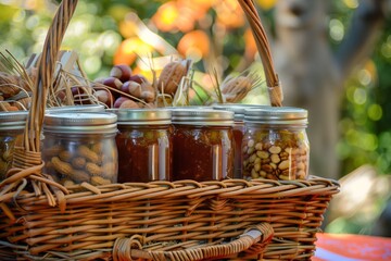 picnic basket filled with jars of homemade preserves and nuts - Powered by Adobe