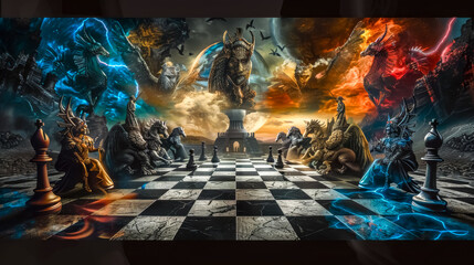 Epic fantasy chess battle scene - obrazy, fototapety, plakaty