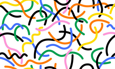 Colorful line doodle seamless pattern. Simple childish hand drawn seamless pattern. Random colorful scribble backdrop with swirls, bundles and dots. Fun colorful abstract background in doodle style