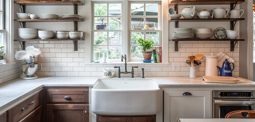 A small, charming Craftsman-style kitchen including an open shelving unit holding vintage dishware, a subway tile backsplash, and a farmhouse sink