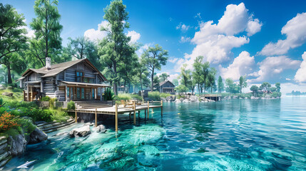 Tropical Paradise: Wooden Huts Over Water, A Dream Escape to Secluded Serenity - obrazy, fototapety, plakaty