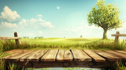Wooden planks overlooking a serene meadow
