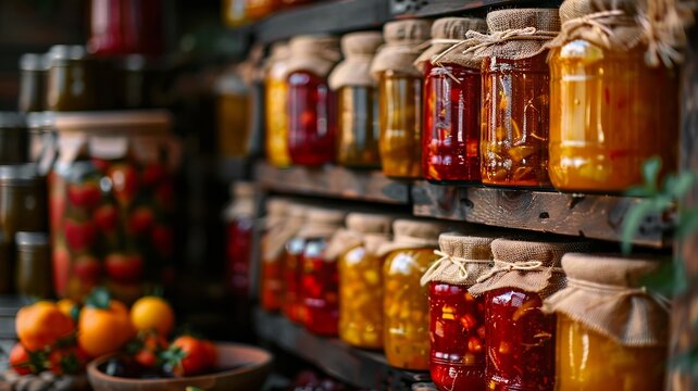 Stacked canned goods against a backdrop of homemade preserves