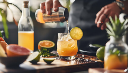 A skilled bartender pours a tropical citrus cocktail over ice, garnished with a lime wheel, in a vibrant bar setting.
 - obrazy, fototapety, plakaty