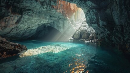 Hidden cave pool illuminated by sunlight through a crevice - obrazy, fototapety, plakaty