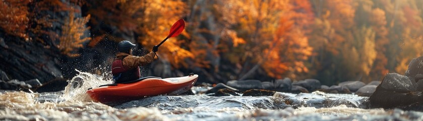 Kayaker Paddling Down a Rapid River Surrounded by Autumn Foliage - obrazy, fototapety, plakaty