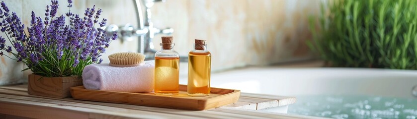 Obraz na płótnie Canvas Lavender and Honey Bath Products on a Wooden Tray by a Clawfoot Tub