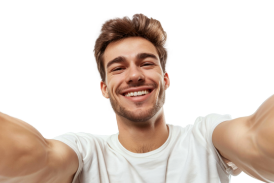 Portrait of beautiful handsome man taking selfie posing with smile and attractive focus look, isolated on transparent png background.