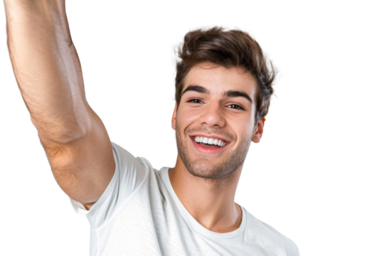 Portrait of beautiful handsome man taking selfie posing with smile and attractive focus look, isolated on transparent png background.
