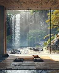 Meditation space with floortoceiling windows facing a waterfall