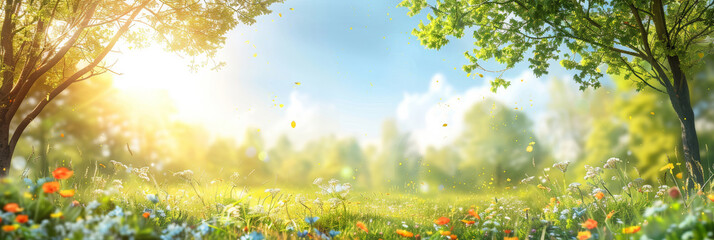 A bright sun shines on the green grass, yellow wildflowers of daisies blooming on blue sky background.A beautiful spring summer meadow .banner - obrazy, fototapety, plakaty