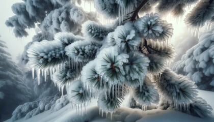 Snow-covered pine branches with icicles hanging in a winter landscape