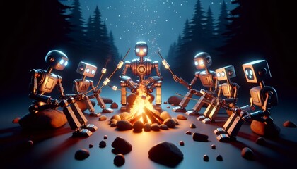 Robots Gathering Around a Campfire in the Forest at Night