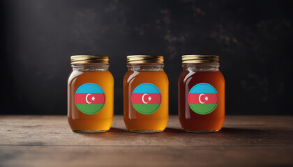 Collection of jars of different types of honey with flag Azerbaijan. Concept export and import honey.