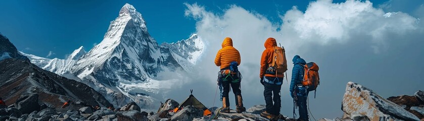 Mountain Climbing Team at Base Camp Planning Their Ascent - obrazy, fototapety, plakaty