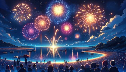 Spectacular Fireworks Display Over a Beach with a Large Crowd at Night