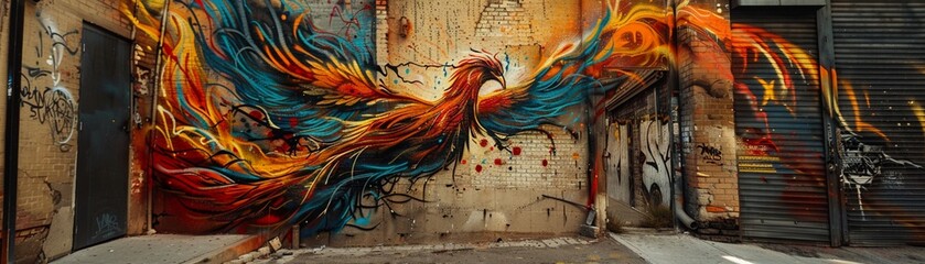 Mural of a Phoenix Rising from Ashes in an Alleyway