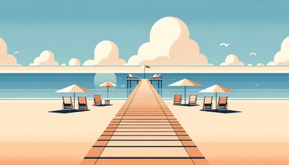 Tropical Beach Resort with Boardwalk and Lounge Chairs