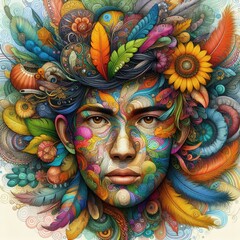 Fototapeta premium Artistic Portrait of a Vibrant Floral-Crowned Woman