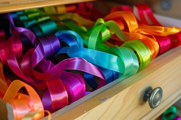 rainbow of ribbons coiled in sewing drawer