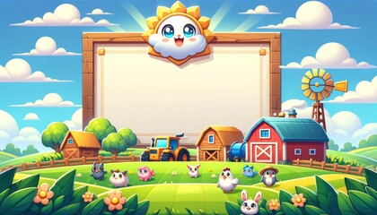 Cute cartoon farm animals and tractor in a sunny rural landscape
