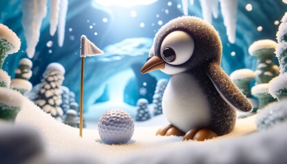 A penguin playing golf on a snowy winter landscape