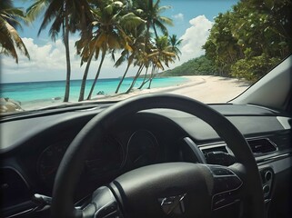 Car driver POV by the tropical beach with a palm trees