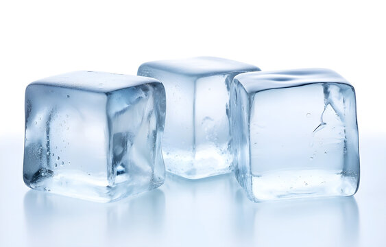 Three melting ice cubes on white background