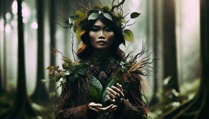 A woman adorned with foliage and flowers in a mystical forest setting