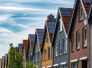 A row of modern Dutch family houses with solar panels on the roof, against a blue sky in sunny weather