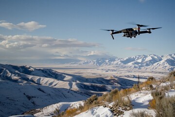 Fototapeta na wymiar drone operator piloting over snow mountain vista