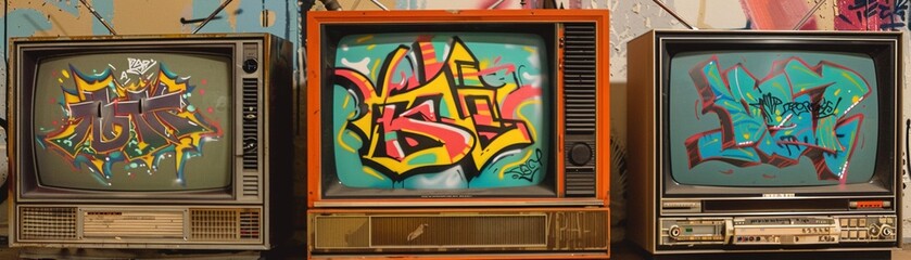 Retro television sets displaying static with vibrant graffiti overlays