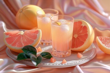 Fototapeta premium Chilled grapefruit juice in glasses, surrounded by fresh grapefruit slices on a pastel drapery