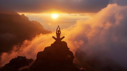 Sunrise Yoga on a Misty Mountain Top - obrazy, fototapety, plakaty