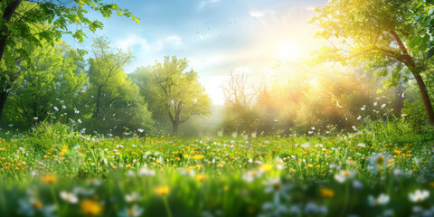 Obraz premium A bright sun shines on the green grass, yellow wildflowers of daisies blooming on blue sky background.A beautiful spring summer meadow .banner
