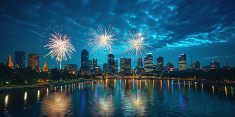 Vibrant and colorful fireworks lighting up the night sky over the beautiful city of Melbourne, Australia in a stunning celebration