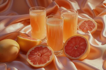 The morning light catches on the vibrant orange of fresh grapefruit juice, served with slices of the citrus fruit on a satin backdrop