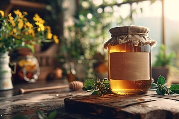 Farm honey in a jar with cozy decorations. Beekeeping and healthy food concept. Commercial product closeup shot for template, layout, advertising, presentation with place for text
