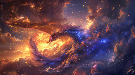 Fantasy artwork of a powerful dragon flying amidst vibrant orange clouds and a luminous sun. - obrazy, fototapety, plakaty