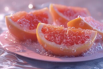 Slices of grapefruit adorned with effervescent bubbles, casting a glow on a reflective surface