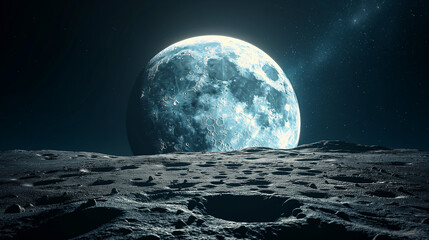 Moon and Earth. Moon with craters in deep black space. Moonwalk. Earth at night. - obrazy, fototapety, plakaty