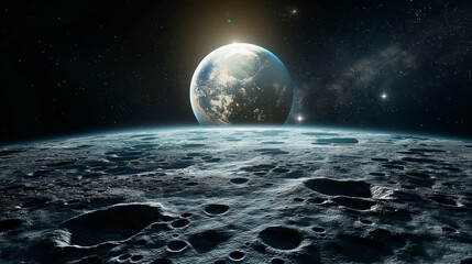 Moon and Earth. Moon with craters in deep black space. Moonwalk. Earth at night.