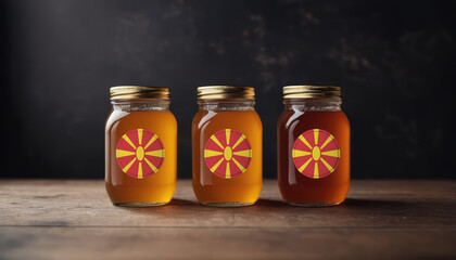 Collection of jars of different types of honey with flag Republic of Macedonia. Concept export and import honey. - obrazy, fototapety, plakaty